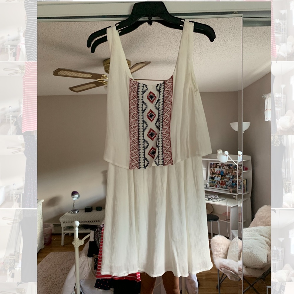 white dress with red & blue pattern